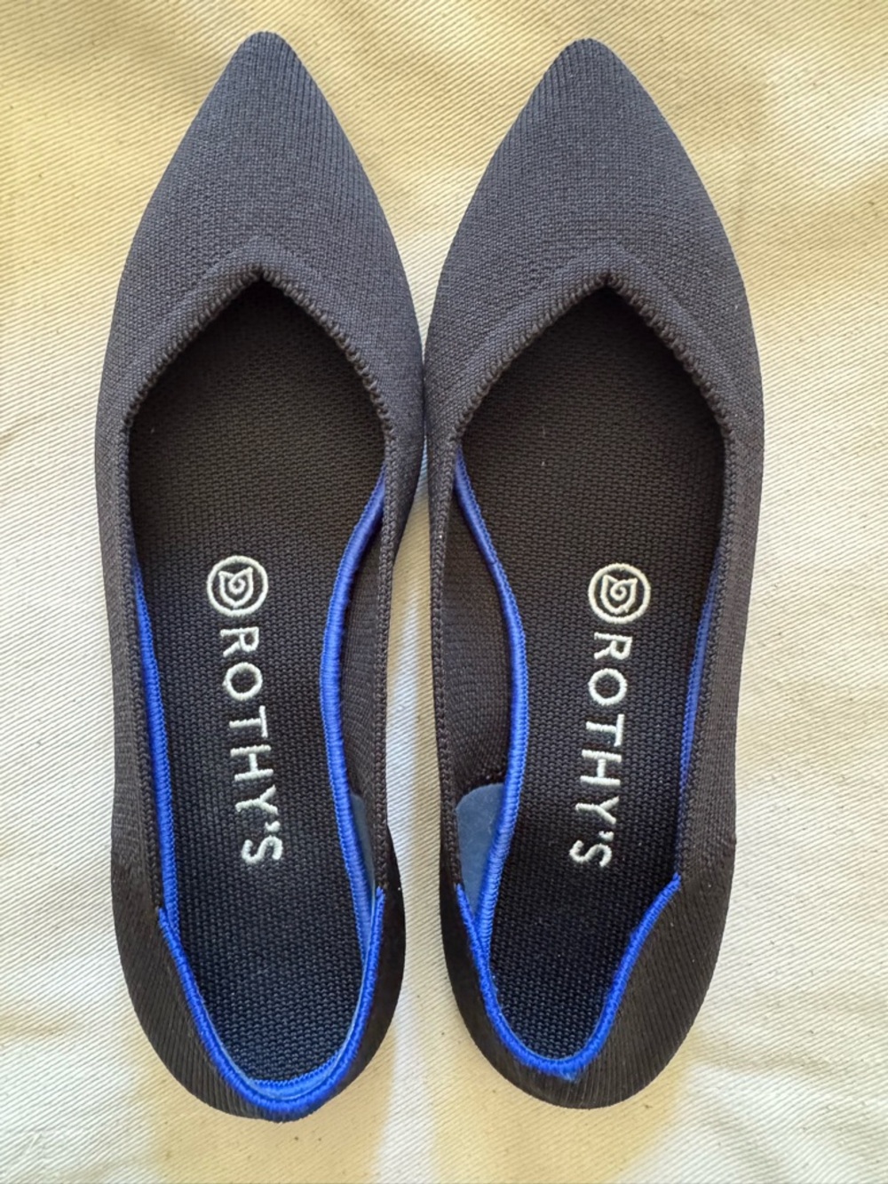 Rothy's Black Pointed Knit Flats with Blue Trim